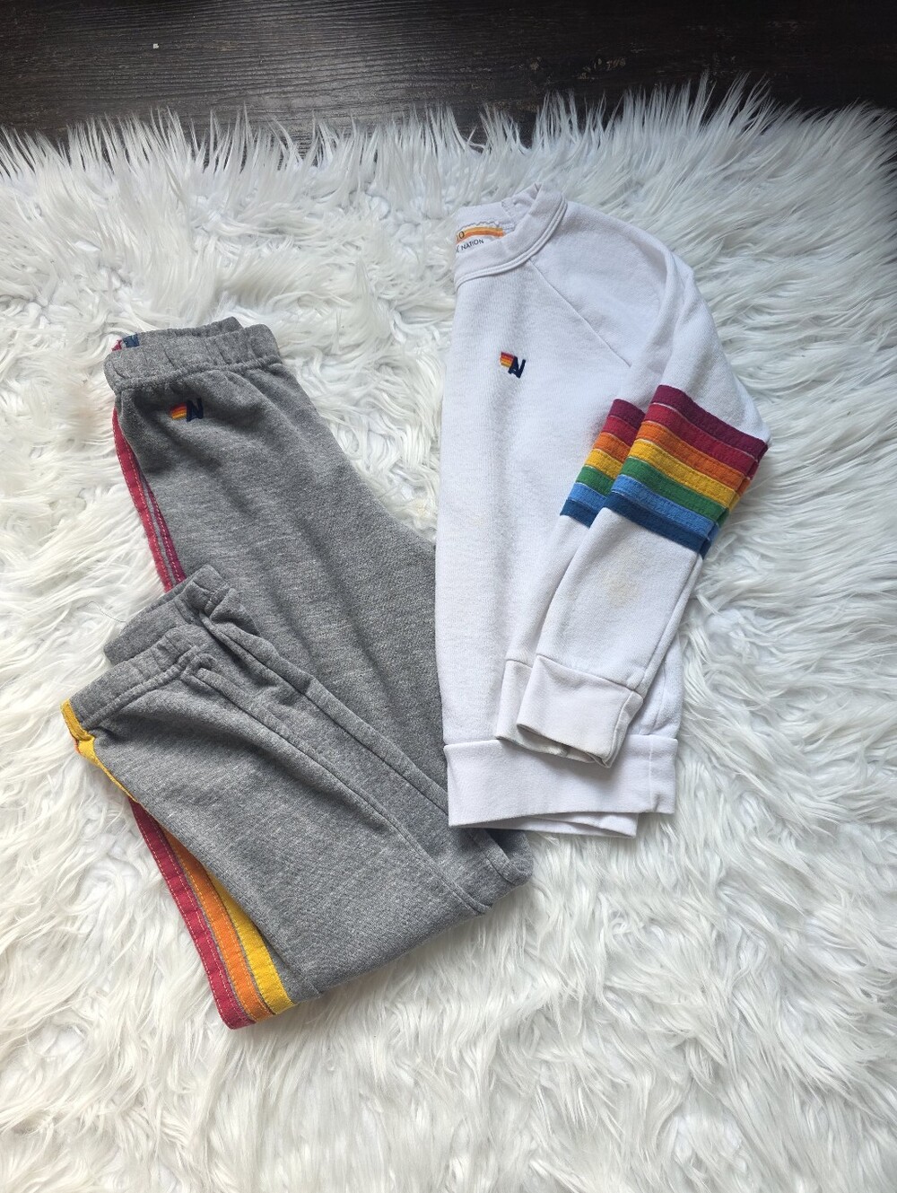 Aviator Nation Kids White Sweatshirt & Gray Joggers with Rainbow Stripes